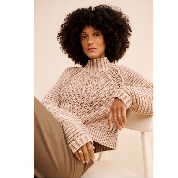 Free People Sweetheart Chunky Knit Mock Neck Oversized Sweater Large Tan Nude - Picture 12 of 16